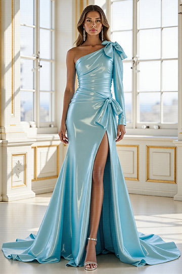 Blue Mermaid Satin One Shoulder Long Formal Dress with Sleeves